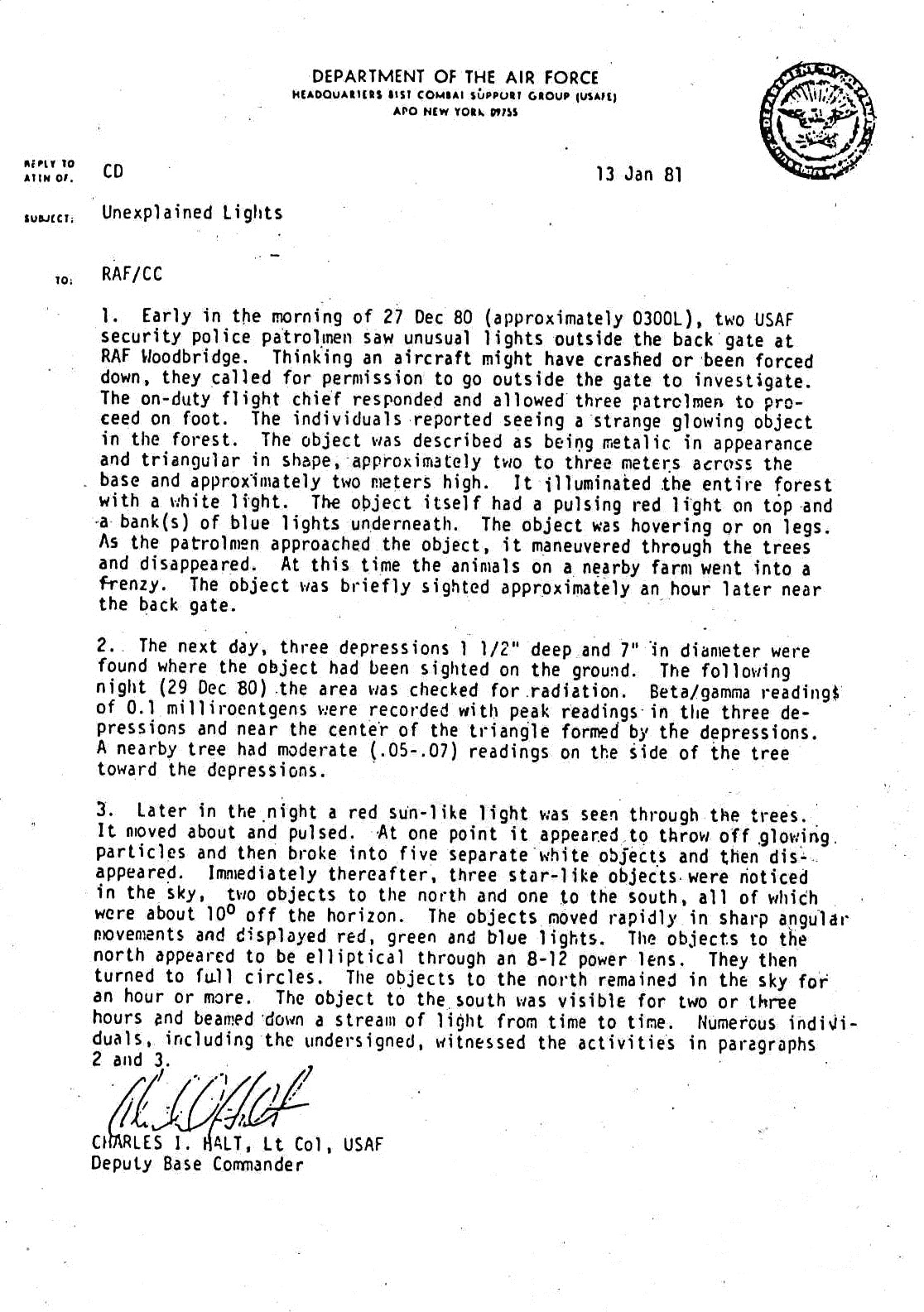 1981年1月13日付の米空軍チャールズ・ホルト中佐によるUnexplained Lightsメモ